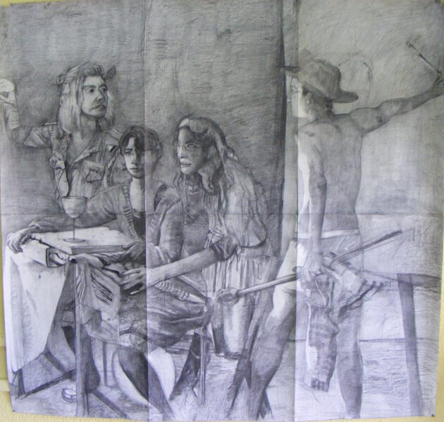 דיוקן עצמי עם שלוש דמויות נשיות , עיפרון של נייר , 200/210